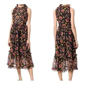 Dodo Bar Or Black Floral Print Ruffle Trim Sleeveless Midi Dress 44 US Small